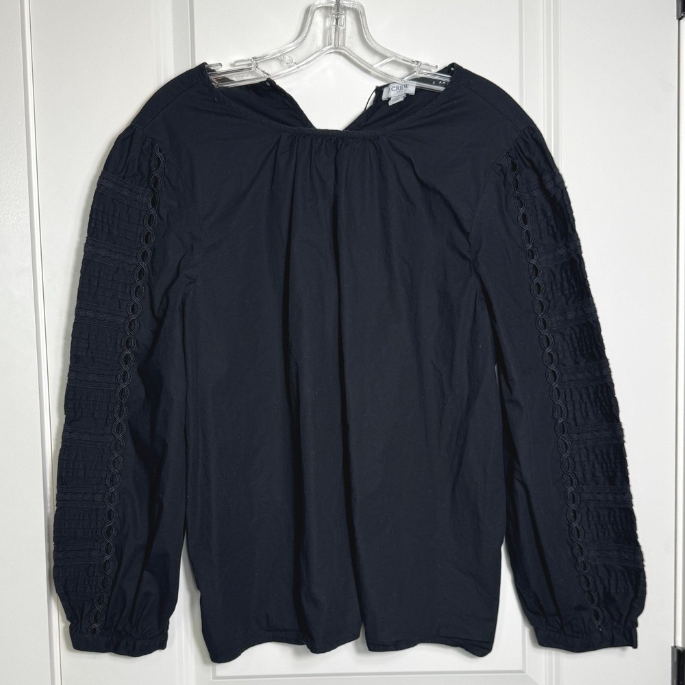 J Crew Black Cotton Elastane Embroidered‎ Sleeve Gathered Neck Top XL